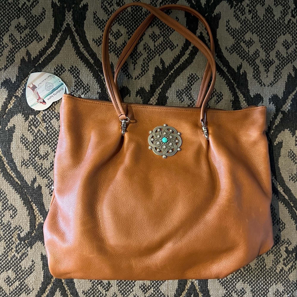 Brown/Copper Leather Tote Bag with silver/turquoise embellishment